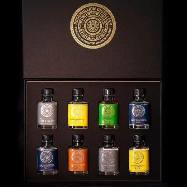 Rosemullion assorted gin and rum gift box containing 8 x 5cl bottles.